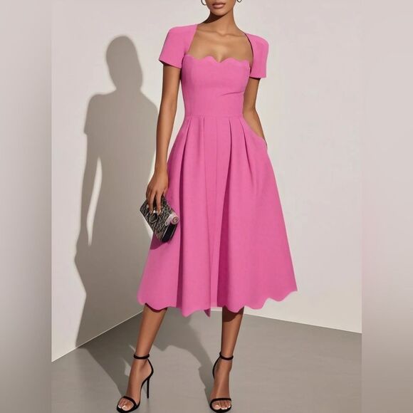 Fehaute Dresses & Skirts - Fehaute Scalloped Square Neck Short Sleeve A-Line Midi Dress in Rose Red 4 NWOT